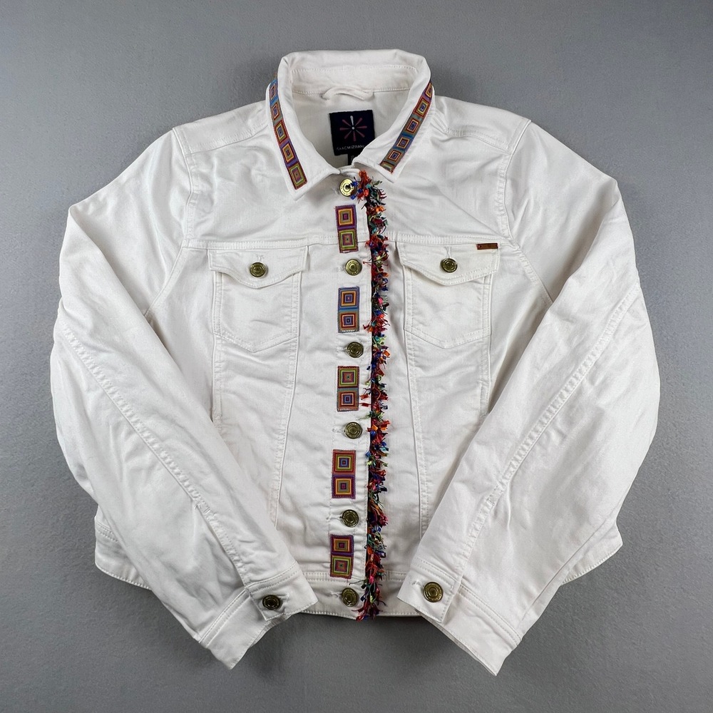 Isaac Mizrahi Live Denim Jacket Womens 16 White Embroidered Fringe Boho Festival